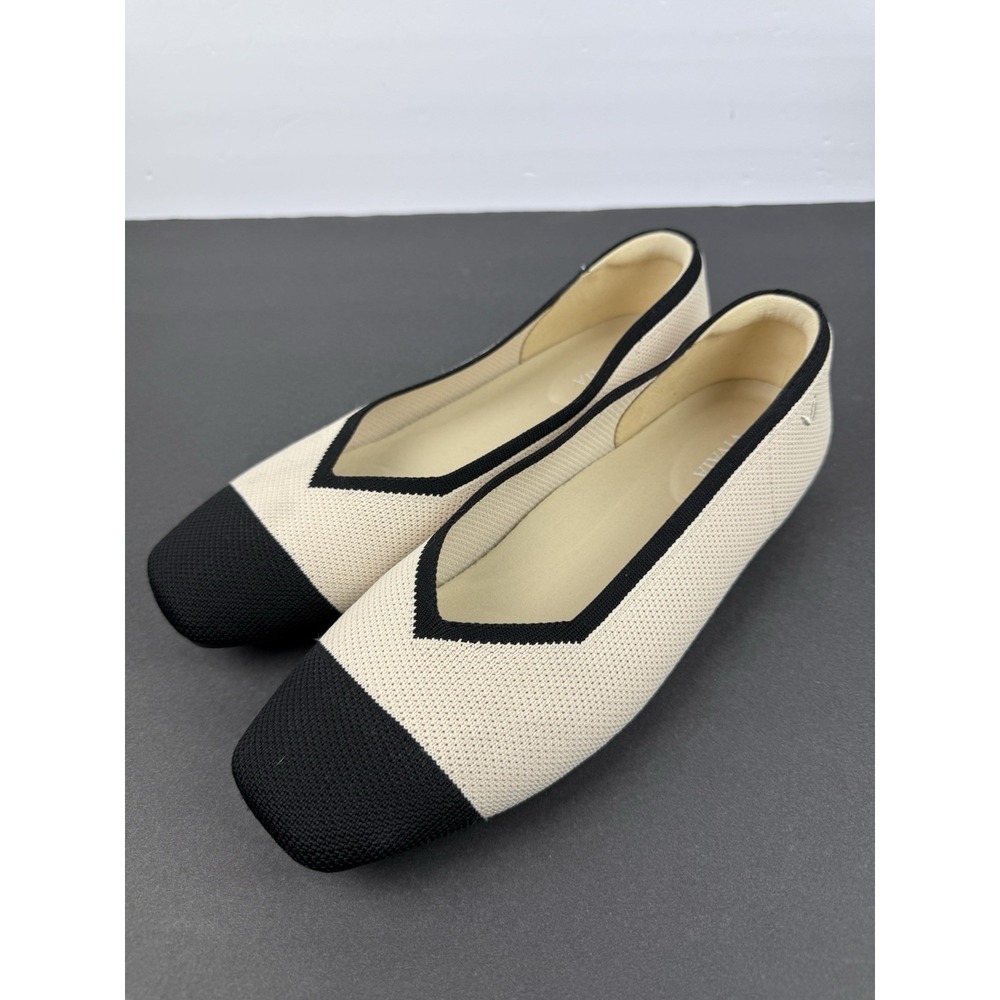 Beige and Black Cap-Toe Knit Ballet Flats
